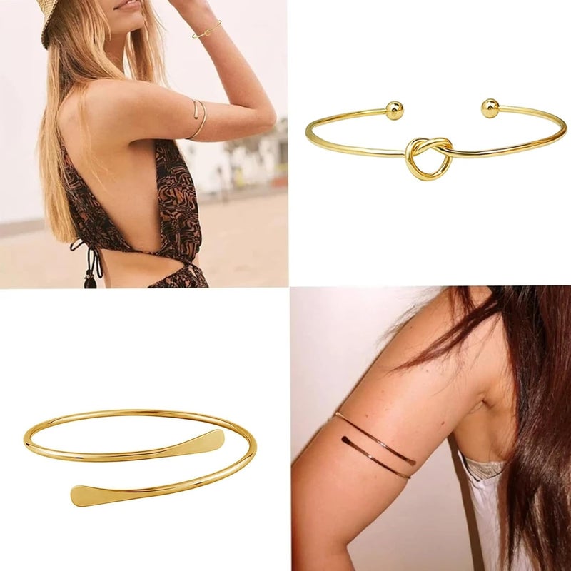 SQUISHCO 4Pcs Arm Cuff Jewellery for Women, Gold Arm Cuff Upper Arm Bracelet for Girls Women Gold Adjustable Coils Band Bracelet Punk Bangle Minimalist - Image 5
