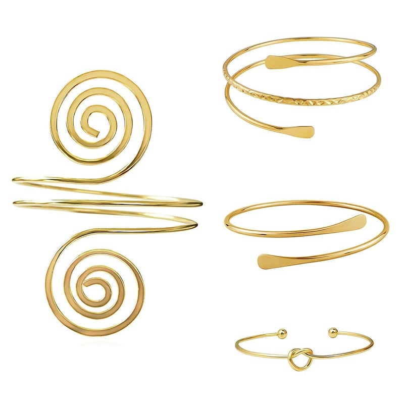 SQUISHCO 4Pcs Arm Cuff Jewellery for Women, Gold Arm Cuff Upper Arm Bracelet for Girls Women Gold Adjustable Coils Band Bracelet Punk Bangle Minimalist - Image 1