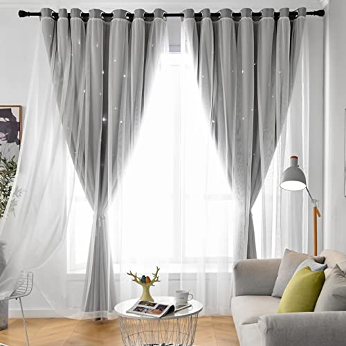 Loyala Star Blackout Curtains for Bedroom, Nursery Double Layer Curtains Cute Curtains, Kids Curtains for Boys, 63 Inch Length 2 Panels, Grey Curtains, 52 X 63 Inches - Image 2