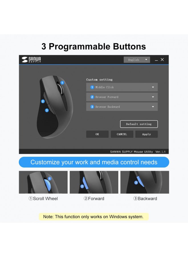 SANWA ماوس سانوا اللاسلكي بتردد 2.4G، ماوس عمودي مريح، نقرة صامتة بدون صوت، (800/1200/1600 DPI قابل للتعديل، 6 أزرار) متوافق مع ماك بوك، لابتوب، ويندوز، ماك أو إس - Image 3