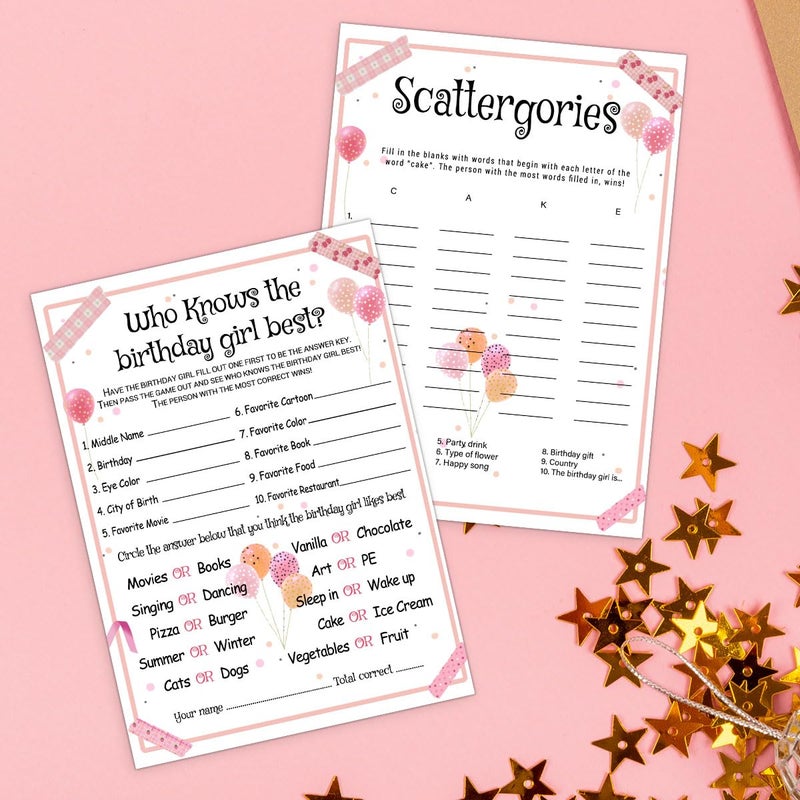 ALodr Birthday Party Games Set for Girls, Funny Girls Party Game, Girl Birthdayâ€˜s Supplies, Activity, Decorations, Includes Who Knows the Birthday Girl Best, Scattergories, 20 Double Sided Games Cards - Image 5
