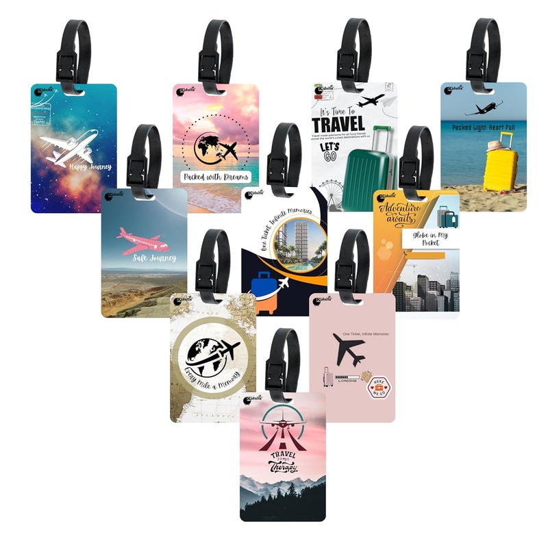 Kidultz (Set of 10) Synthetic Luggage Tags with Black Strap Loop | Durable, Waterproof, Anti-Break Travel ID Tags for Suitcases, Backpacks, School & Office Bags (Set 1) - Image 1