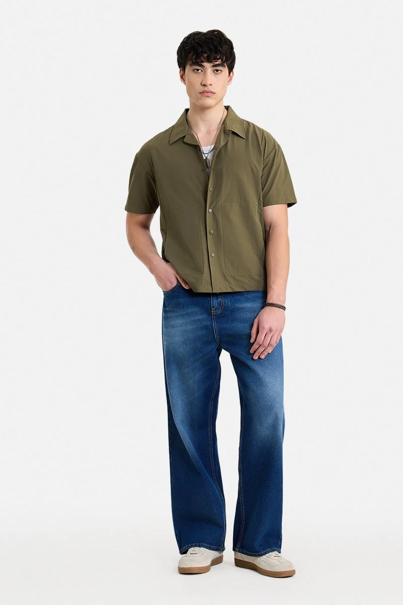 SNITCH Olive Solid Half Sleeve Boxy Shirt