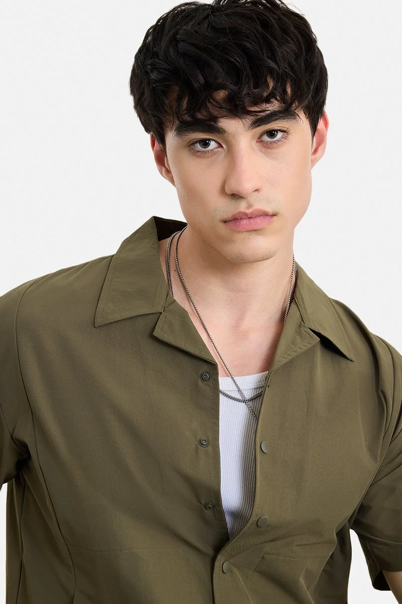 SNITCH Olive Solid Half Sleeve Boxy Shirt