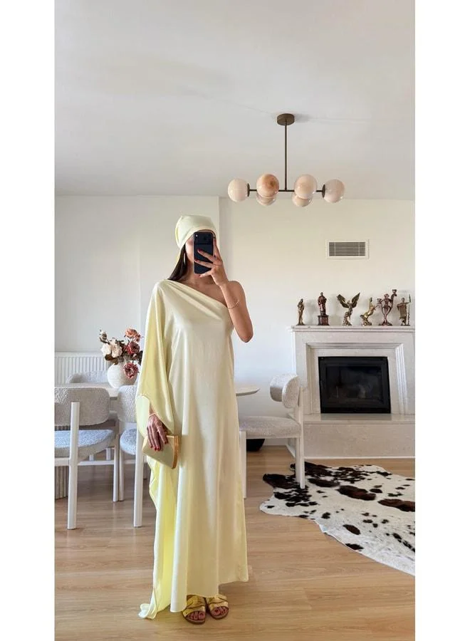 GAUS Yellow Ruffle One-Shoulder Satin Dress GAUS-01645.