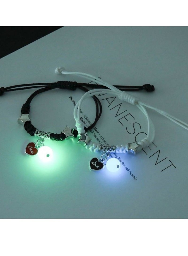 Glow in the Dark LOVE Heart Bracelet Set – Luminous Resin Beads, Matching Couple & Friendship Bracelets for Lovers, Best Friends, Adjustable Gift Jewelry for Women & Men - Image 2