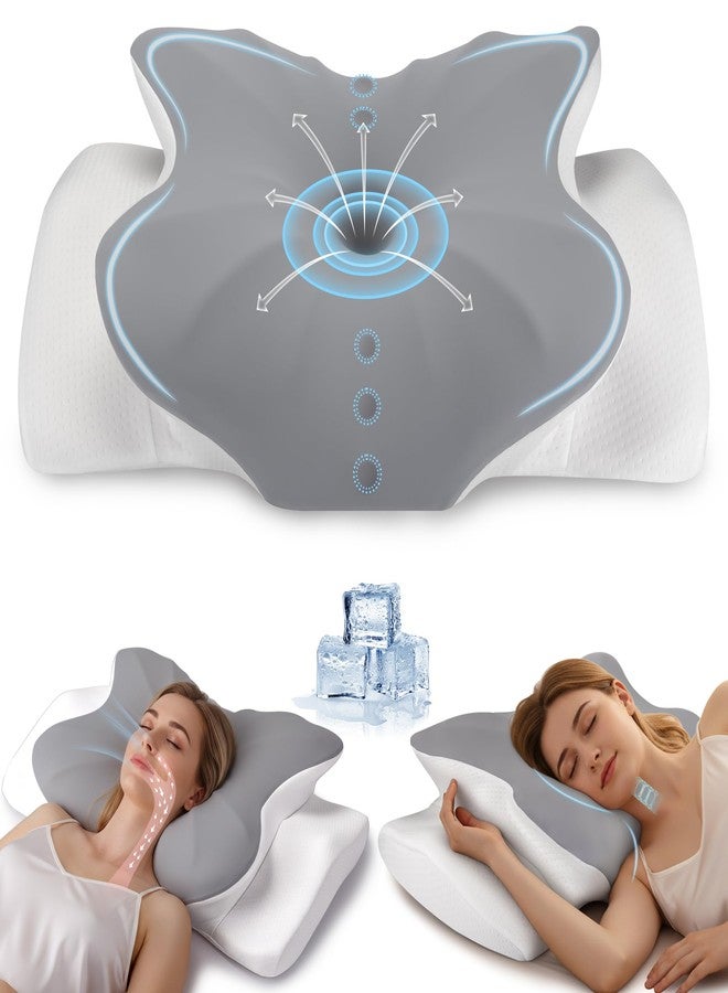 FGNTWP Cervical Pillow for Neck and Shoulder Support, Ergonomic Contour Pillow for Pain Relief, 2 Heights Cooling Memory Foam Orthopedic Pillow for Side Back Stomach Sleepers Grey White - Image 1
