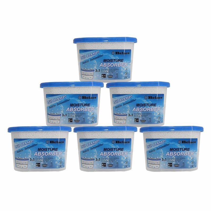 Belaco Dehumidifier Pack of 6x 500ml Prevent Mould  Mildew Eliminating Musty Odor Remove Dampness Absorb Excess Mositure in Home Kitchen Bathroom Bedroom Wardrobe Caravan Office Basement