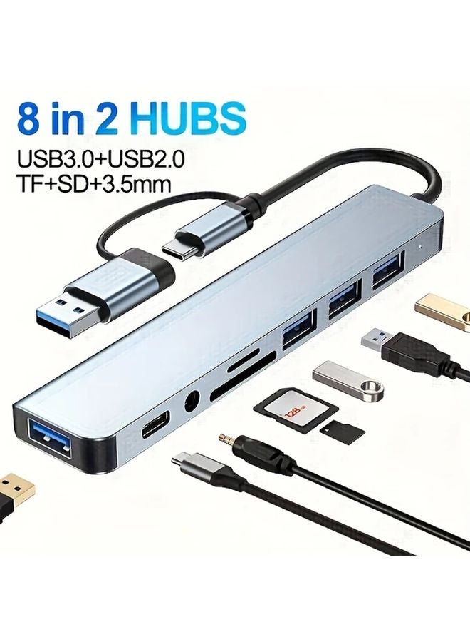 Gray 8 In 1 USB C Hub With Card Reader Audio Output For MacBook iPad - Image 1