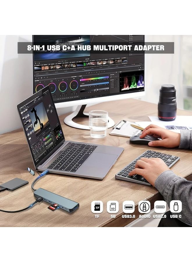 Gray 8 In 1 USB C Hub With Card Reader Audio Output For MacBook iPad - Image 4