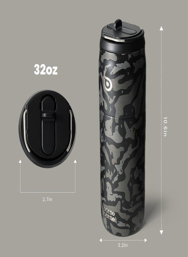 bottle bottle زجاجة ماء من الفولاذ المقاوم للصدأ مع شفاطة وغطاء، سعة 32 أونصة، معزولة بتفريغ الهواء، تحافظ على برودة وسخونة المشروبات، فوهة واسعة مانعة للتسرب، مناسبة للرجال، بنقشة مموهة. - Image 3
