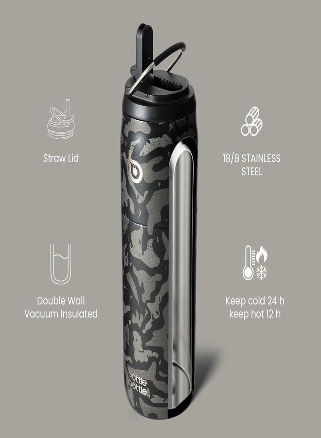 bottle bottle زجاجة ماء من الفولاذ المقاوم للصدأ مع شفاطة وغطاء، سعة 32 أونصة، معزولة بتفريغ الهواء، تحافظ على برودة وسخونة المشروبات، فوهة واسعة مانعة للتسرب، مناسبة للرجال، بنقشة مموهة. - Image 2
