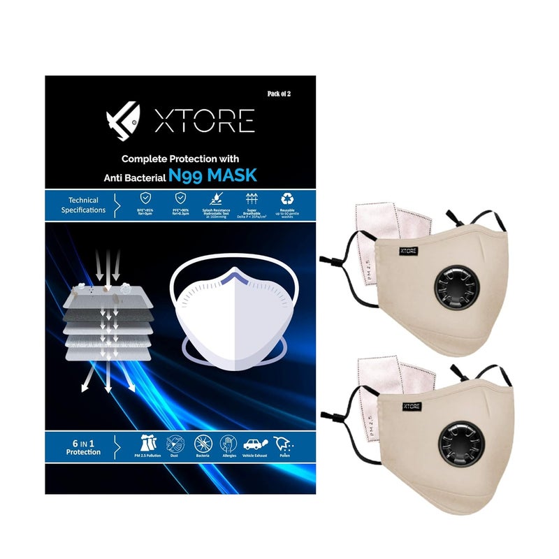 Xtore Certified N99 FDA CE Washable Mask with Replaceable 5 layer filter 2 mask 4 Filter Light brown - Image 1