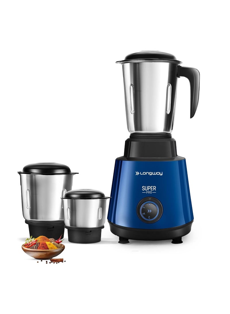 Longway Super Pro Mixer Grinder | Up to 700 Watt Powerful Motor | 3 Jars for Grinding, Mixing, Juicing | 2 Years Warranty (Blue & Black) - Image 1