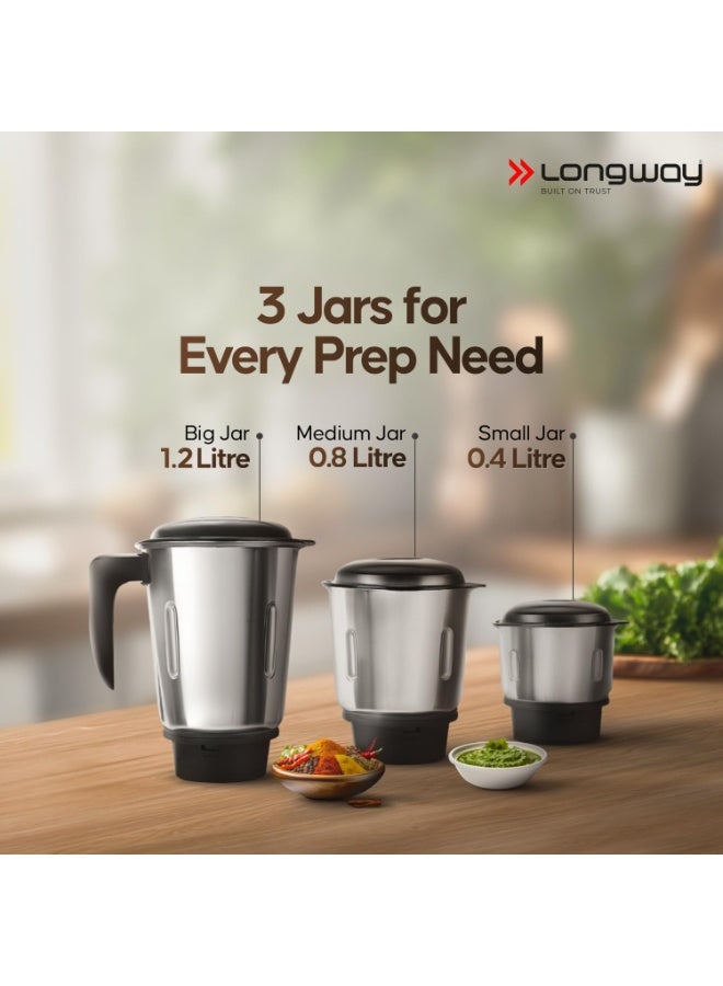 Longway Super Pro Mixer Grinder | Up to 700 Watt Powerful Motor | 3 Jars for Grinding, Mixing, Juicing | 2 Years Warranty (Blue & Black) - Image 2