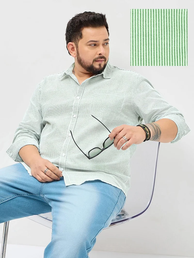 Urbano Fashion  Urbano Plus Men's Light Green Cotton Full Sleeve Regular Fit Casual Striped Shirt  | Best Price UAE