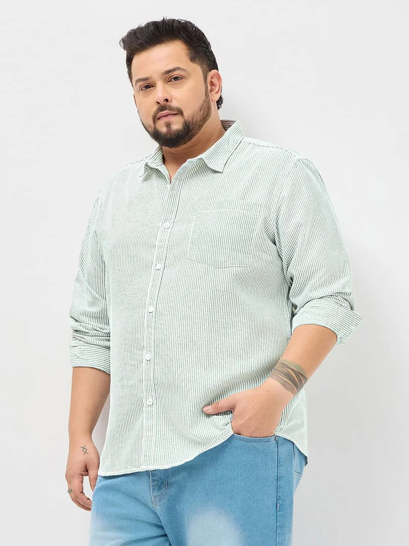 Urbano Plus Men's Light Green Cotton Full Sleeve Regular Fit Casual Striped Shirt
