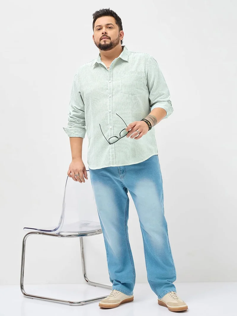 Urbano Fashion  Urbano Plus Men's Light Green Cotton Full Sleeve Regular Fit Casual Striped Shirt  | Best Price UAE