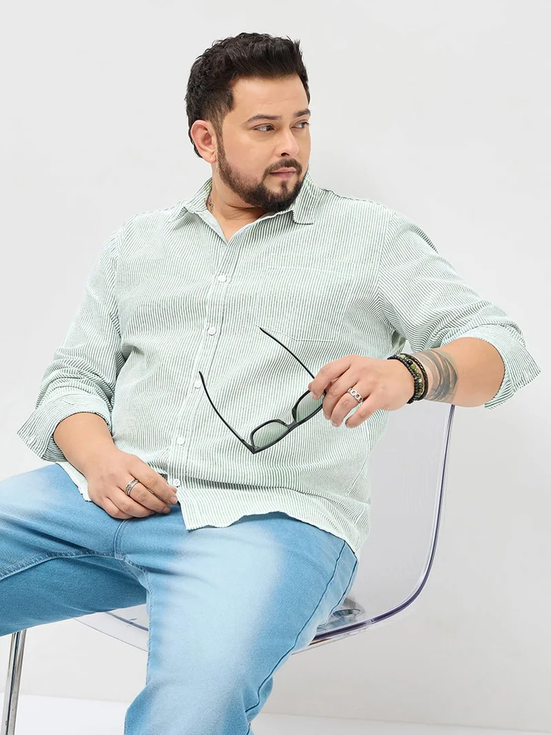 Urbano Fashion  Urbano Plus Men's Light Green Cotton Full Sleeve Regular Fit Casual Striped Shirt  | Best Price UAE