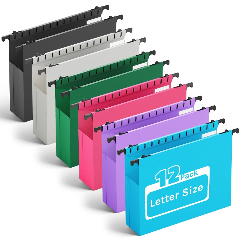 Ansook Extra Capacity Black Pink Plastic Hanging File Folders Letter Size, 12 Pack 2 Inch Expandable Hanging Folder w/Reinforced Bottom Flat Piece, Side Seal Hanging Folders for for Filing Cabinet - Image 1