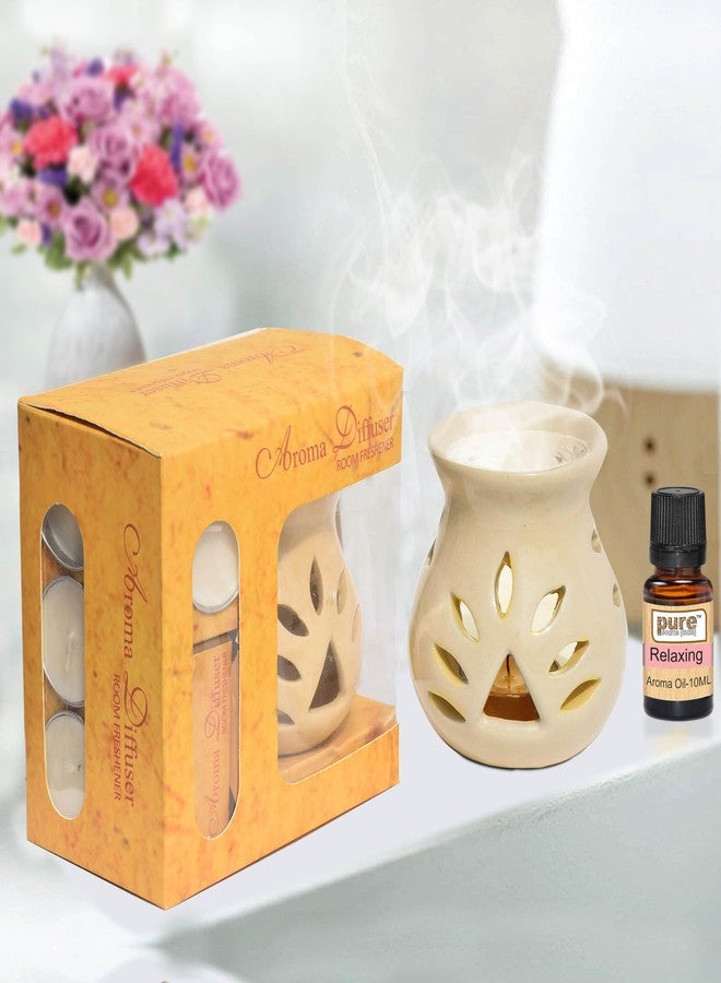 Pure Source India Ceramic Aroma Gift Set with 10 Ml Relaxing Aroma Oil and 4 Tea Candles, White - Image 2