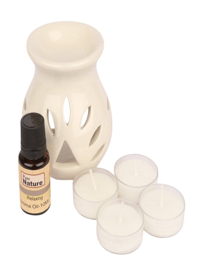 Pure Source India Ceramic Aroma Gift Set with 10 Ml Relaxing Aroma Oil and 4 Tea Candles, White - Image 5