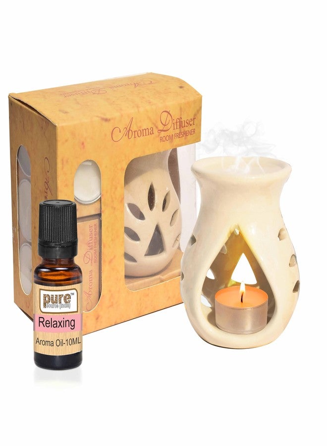 Pure Source India Ceramic Aroma Gift Set with 10 Ml Relaxing Aroma Oil and 4 Tea Candles, White - Image 1