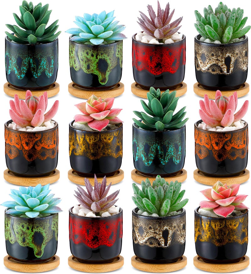 RimCereal 12 Pcs Succulent Pots 2.5 Inch Mini Ceramic Succulent Garden Flower Pots Planters with Drainage and Bamboo Tray for Indoor Garden Plants Planters Colorful Flower Pot(Cylindrical,2.3 Inch H) - Image 1