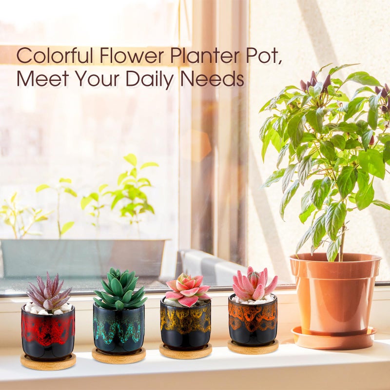 RimCereal 12 Pcs Succulent Pots 2.5 Inch Mini Ceramic Succulent Garden Flower Pots Planters with Drainage and Bamboo Tray for Indoor Garden Plants Planters Colorful Flower Pot(Cylindrical,2.3 Inch H) - Image 3