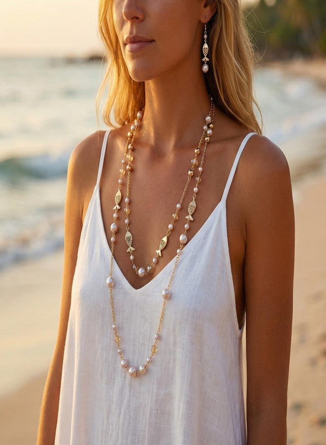 بوكار طقم عقد وأقراط من الخرز متعدد الطبقات من بوكار، عقد طويل من خيطين مع خرز كريستالي، طقم مجوهرات أنيق للنساء للاستخدام اليومي والحفلات (NK-10825-Light Champagne-Set) - Image 2