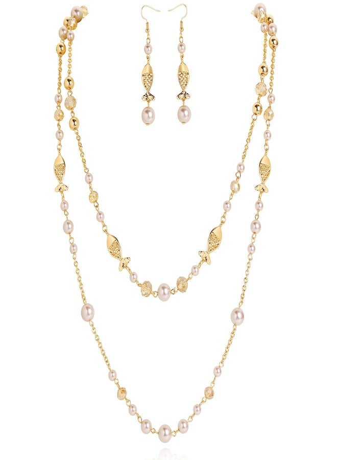 بوكار طقم عقد وأقراط من الخرز متعدد الطبقات من بوكار، عقد طويل من خيطين مع خرز كريستالي، طقم مجوهرات أنيق للنساء للاستخدام اليومي والحفلات (NK-10825-Light Champagne-Set) - Image 1