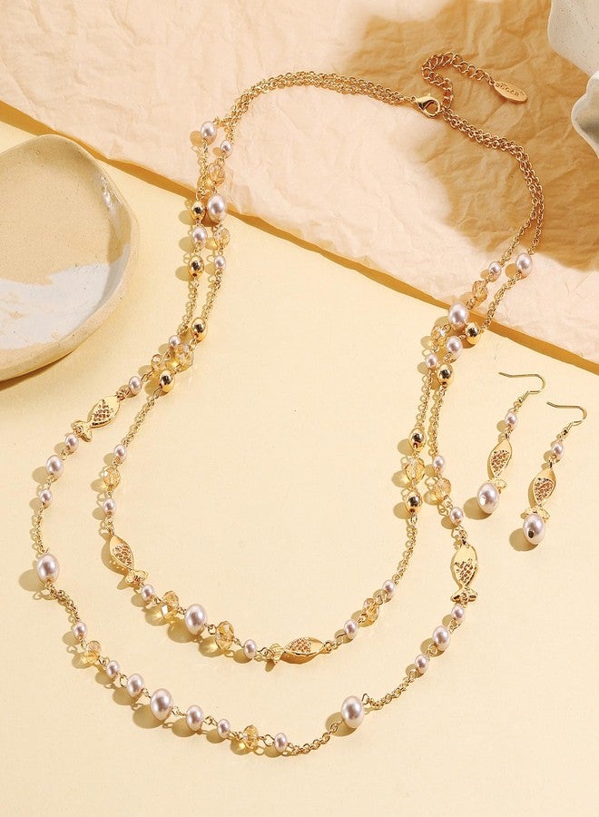 بوكار طقم عقد وأقراط من الخرز متعدد الطبقات من بوكار، عقد طويل من خيطين مع خرز كريستالي، طقم مجوهرات أنيق للنساء للاستخدام اليومي والحفلات (NK-10825-Light Champagne-Set) - Image 4