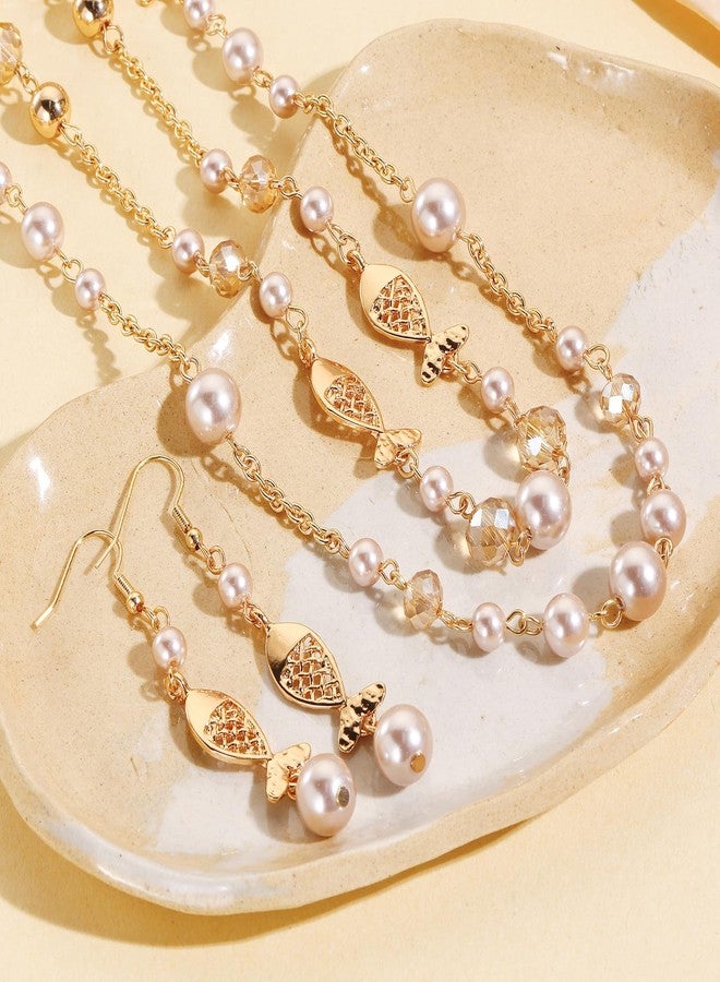 بوكار طقم عقد وأقراط من الخرز متعدد الطبقات من بوكار، عقد طويل من خيطين مع خرز كريستالي، طقم مجوهرات أنيق للنساء للاستخدام اليومي والحفلات (NK-10825-Light Champagne-Set) - Image 5