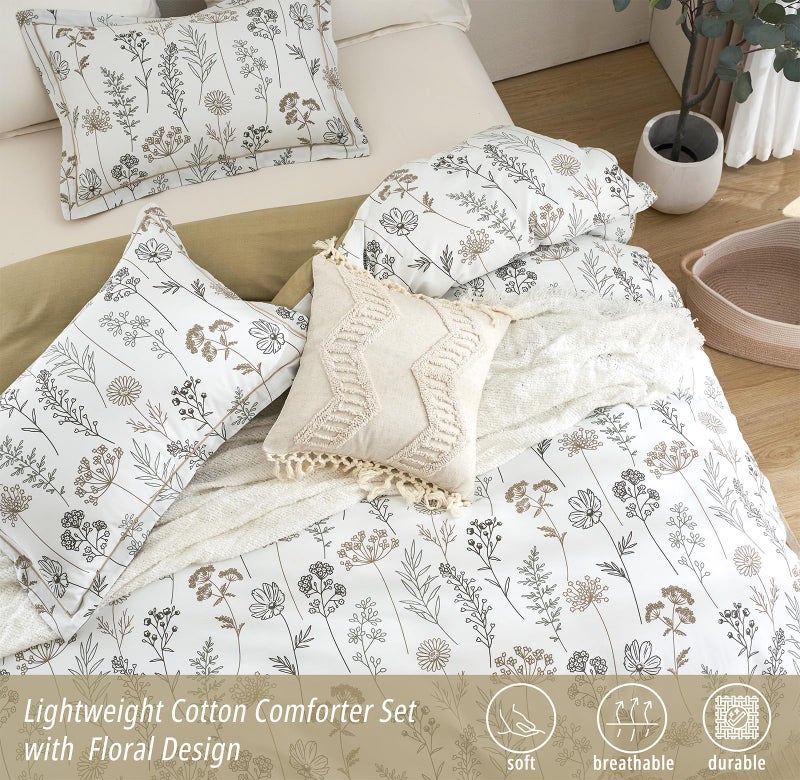 ALEISSEL White Botanical Cotton Comforter King Size - 3PC Lightweight Bedding Sets with Ultra-Soft Alternative Fill, Luxurious Pale Mustard Reversible Design (1 Comforter, 2 Pillowshams) - Image 2