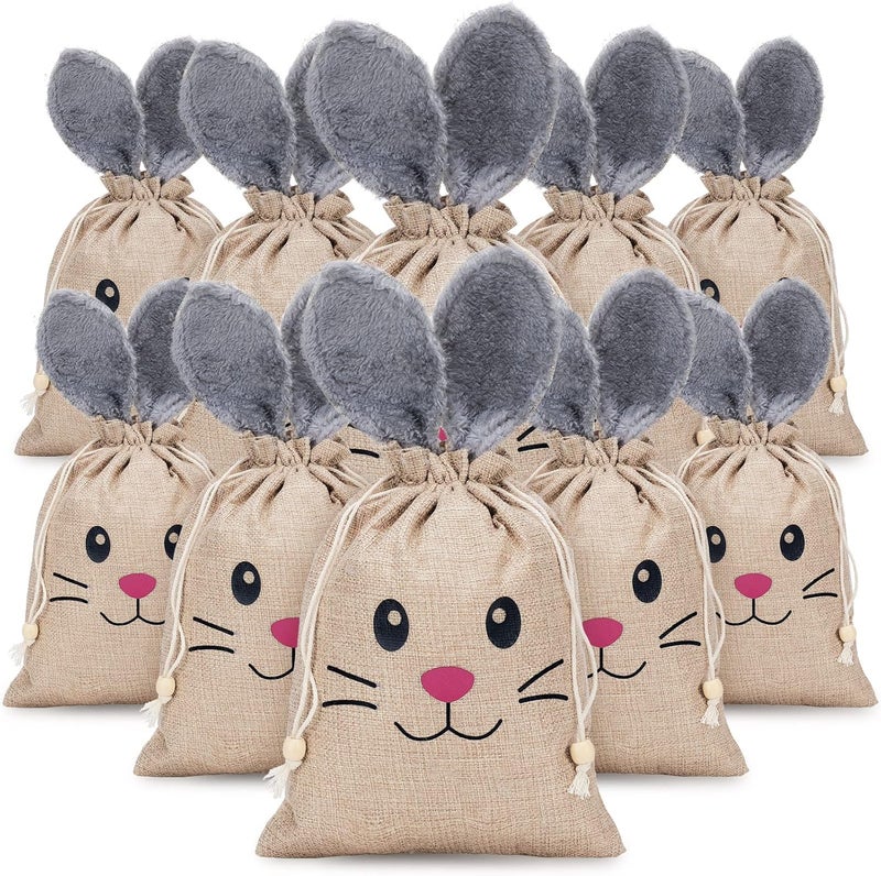 Woanger 10 Pcs Easter Bunny Bags with Drawstring 79 x 102 Inch Easter Burlap Bags Rabbit Ears Furry Bunny Bag Cookies Chocolate Party Favors Gift Candy Egg Hunts Stuffer for Kids Girls - Image 1