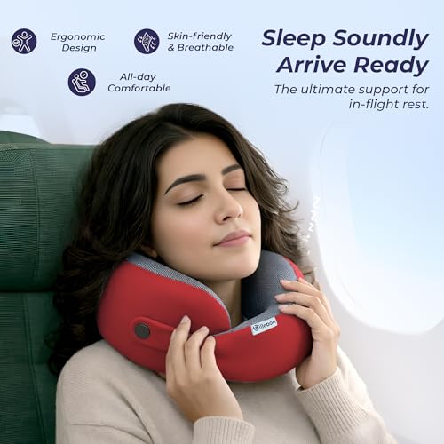 Billebon Memory Foam Neck Pillow with Cooling Gel, Snake Shape Travel Pillow with Snap Button, Neck Rest for Travelling & Flight Travel, Ergonomic Support for Comfort & Pain Relief (Red Combo) - Image 5