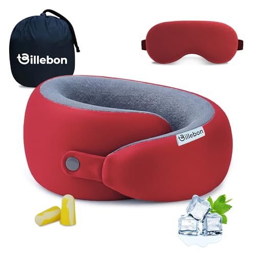 Billebon Memory Foam Neck Pillow with Cooling Gel, Snake Shape Travel Pillow with Snap Button, Neck Rest for Travelling & Flight Travel, Ergonomic Support for Comfort & Pain Relief (Red Combo) - Image 1