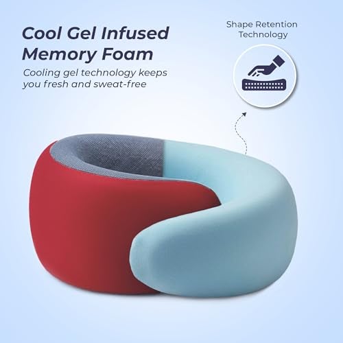 Billebon Memory Foam Neck Pillow with Cooling Gel, Snake Shape Travel Pillow with Snap Button, Neck Rest for Travelling & Flight Travel, Ergonomic Support for Comfort & Pain Relief (Red Combo) - Image 2