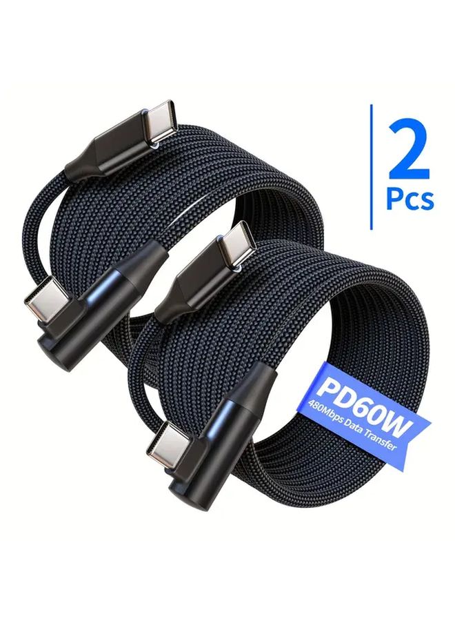 2pcs 78.74in USB C to Type C 60W PD Fast Charging Cable 90 Degree Nylon Braided - Image 2