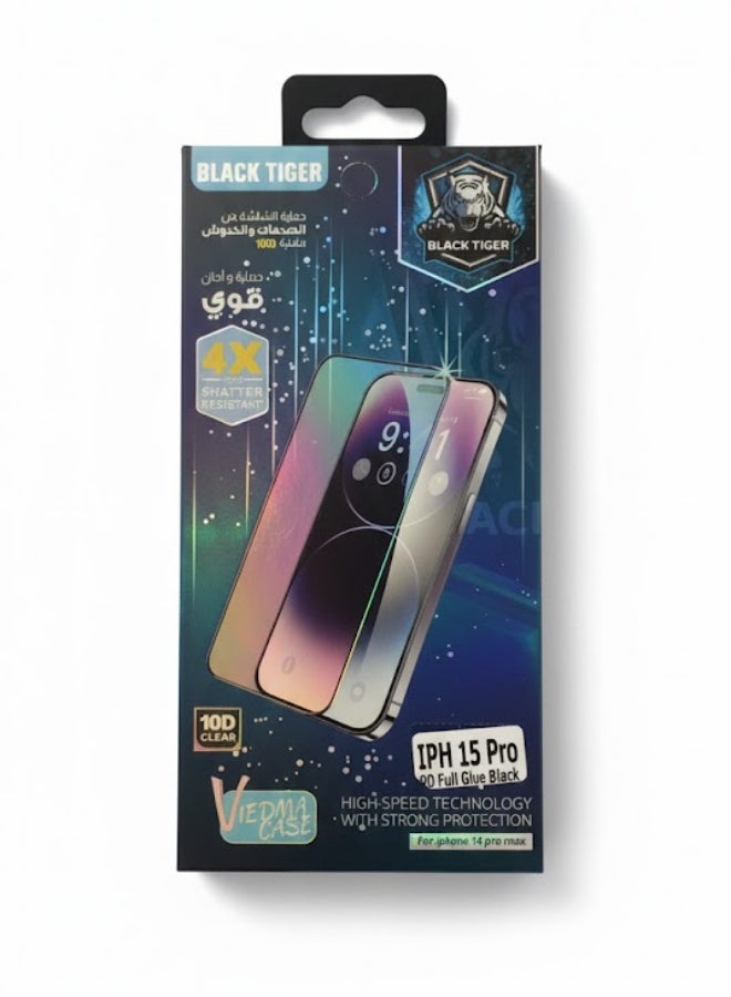 Black Tiger Viedma 10D Full Glue Black Tempered Glass Screen Protector for iPhone 15 Pro Max with 4X Shatter Resistance and Strong Protection