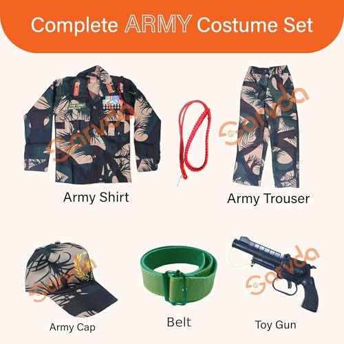 Sarvda Army Dress For Kids | Camouflage Soldier Costume Set For Boys & Girls | Army Style Fancy Dress Outfit With Shirt, Pants, Cap & Adjustable Utility Belt With Bettle Toy For School Competitions - Image 2