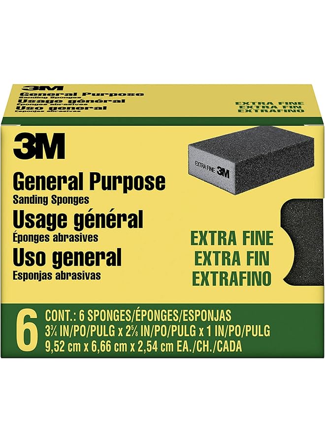 3M Sanding Sponge Block 6 Pack Extra Fine Grits 3 3 4 Inch X 2 5 8 Inch Designed For Sanding Wood Paint Metal Plastic Or Drywall Features Abrasive Made With Durable Flexible Foam Cp000 6P Cc - Image 1