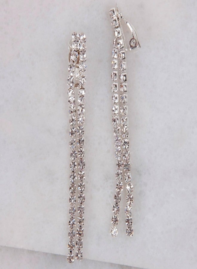 Humble Chic NY Clip On Earrings for Women - Tassel Earrings for Women, Long Sparkly Clip-On Simulated Diamond Drop, Sparkly Silver Tone Rhinestone Dangles in 2.8" inch, Dangly No Piercing Studs - Image 3