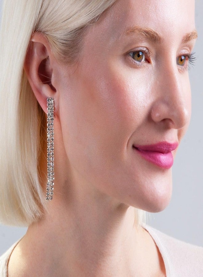 Humble Chic NY Clip On Earrings for Women - Tassel Earrings for Women, Long Sparkly Clip-On Simulated Diamond Drop, Sparkly Silver Tone Rhinestone Dangles in 2.8" inch, Dangly No Piercing Studs - Image 2