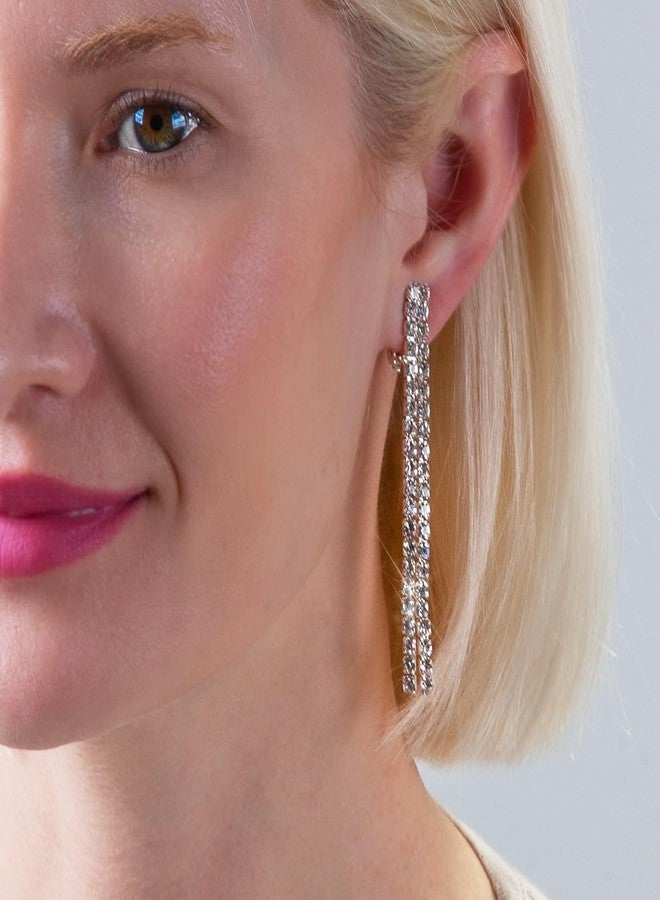 Humble Chic NY Clip On Earrings for Women - Tassel Earrings for Women, Long Sparkly Clip-On Simulated Diamond Drop, Sparkly Silver Tone Rhinestone Dangles in 2.8" inch, Dangly No Piercing Studs - Image 5