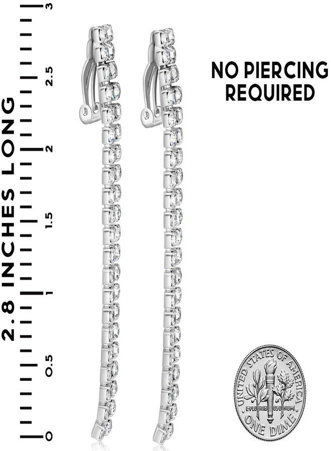 Humble Chic NY Clip On Earrings for Women - Tassel Earrings for Women, Long Sparkly Clip-On Simulated Diamond Drop, Sparkly Silver Tone Rhinestone Dangles in 2.8" inch, Dangly No Piercing Studs - Image 4
