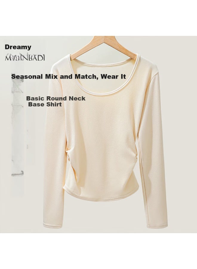 Moonbadi Women's Autumn And Winter Basic Shirt Retro Large U-neck Fashion Simple Inner Wear Slimming And Slimming All-match Warm Long-sleeved Top - Image 3