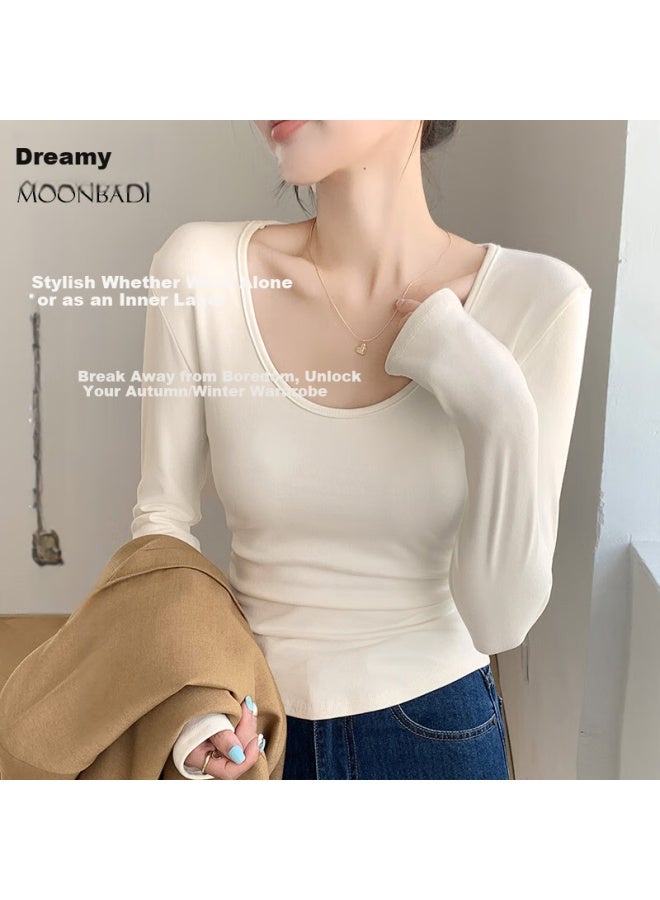 Moonbadi Women's Autumn And Winter Basic Shirt Retro Large U-neck Fashion Simple Inner Wear Slimming And Slimming All-match Warm Long-sleeved Top - Image 1