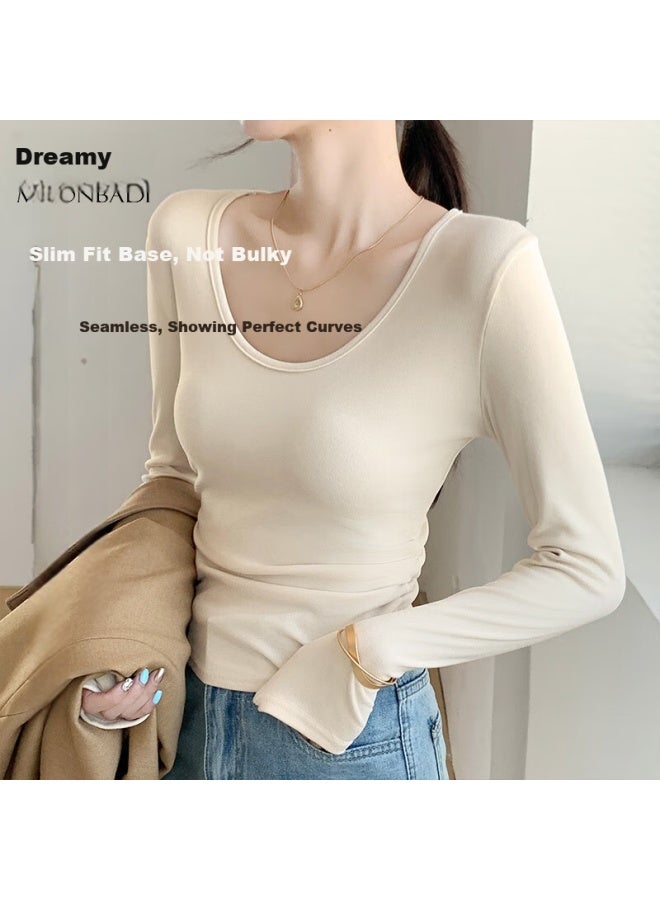Moonbadi Women's Autumn And Winter Basic Shirt Retro Large U-neck Fashion Simple Inner Wear Slimming And Slimming All-match Warm Long-sleeved Top - Image 2