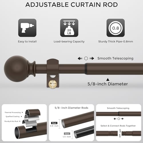 JRZOO Bronze Curtain Rods 66 to 120 Inches(5.5-10 Feet),5/8 inch Splicing Drapery Rods,Small Curtain Rods Set,Size: 36''-120'',Bronze - Image 5